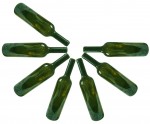 Seven empty green wine bottles